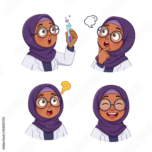Four cartoon illustrations of a young Muslim scientist girl in various emotional states and poses.