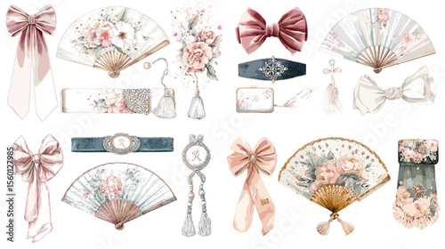 Soft watercolor illustration of floral folding fans, satin bows, perfume bottles, and romantic accessories, ideal for feminine vintage and elegant themes.

