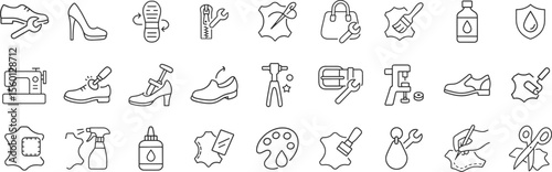 Leather and shoe repair service icon set featuring restoration, customization and maintenance tools. Footwear care, bag repair, handcraft, buckle and leathercraft process vector illustration.