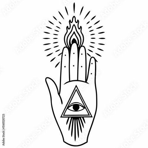 Monoline Hand Drawing Third Eye Mystical Hand with Third Eye flame and triangle eye symbolizing enlightenment and protection