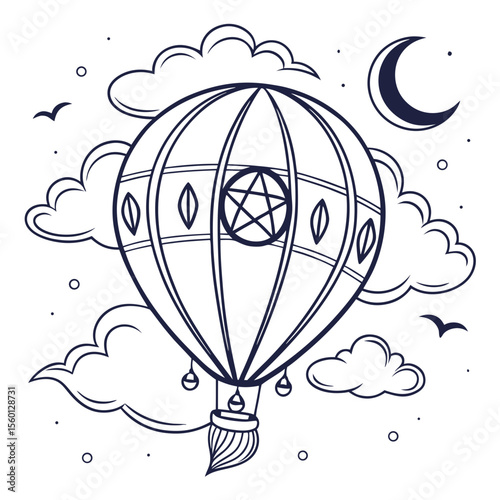 Monoline Hand Drawing Hot air balloon design with clouds, moon, and stars creates whimsical atmosphere