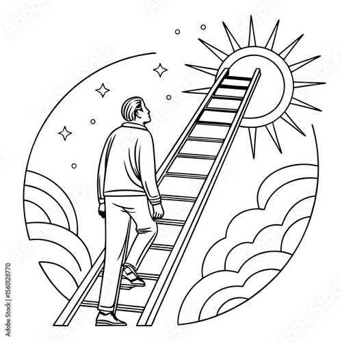 Monoline Hand Drawing Man ascending cosmic ladder towards bright sun, surrounded by clouds and stars, symbolizes hope