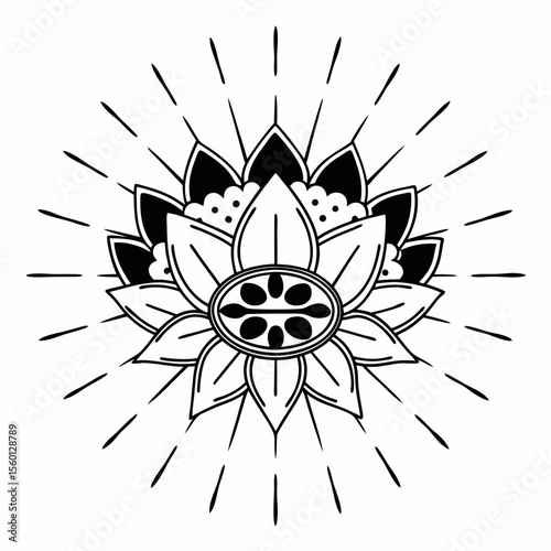 Monoline Hand Drawing Radiating lotus mandala with centered solar glyph, symbolizing peace and harmony