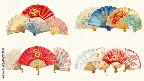 Watercolor illustration of traditional Asian folding fans with dragons, florals, and gold patterns, featuring bold red, blue, and ivory tones.

