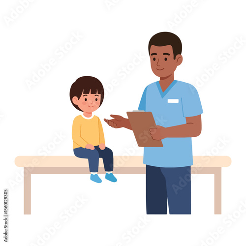 A young child sits on a bench while a doctor speaks, holding a clipboard.