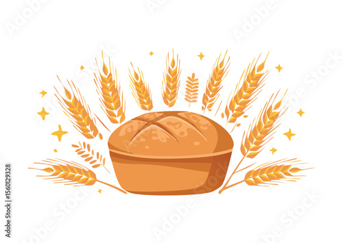Artistic Bread Loaf with Wheat Harvest - Vector Illustration