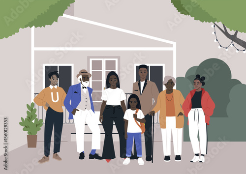 A joyful gathering unfolds on a sunny porch where an African family interacts and celebrates together, embracing the warmth of togetherness and shared stories