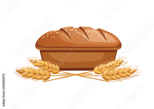 Rustic Round Bread with Wheat Grains - Vector Illustration