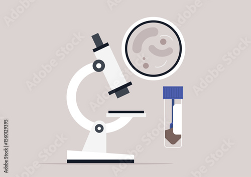 The focus is on a microscope poised to examine a distinct stool sample, showcasing the intricate details of microbiology in a clean, sterile lab environment