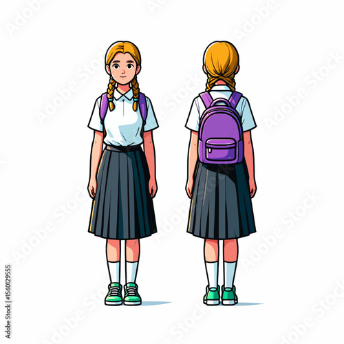 Illustration of a school girl with braids and a purple backpack view front on white background 