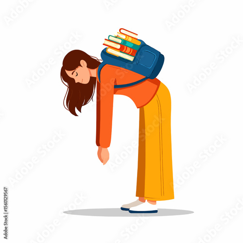 A woman bent over with a heavy backpack full of books on her back tired on white background 
