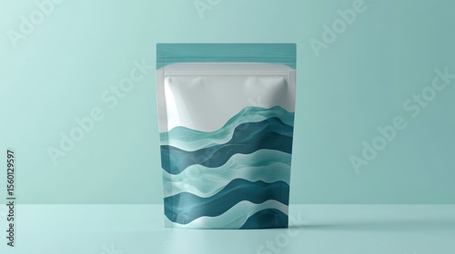 A standing pouch displays a design with abstract flowing wave patterns