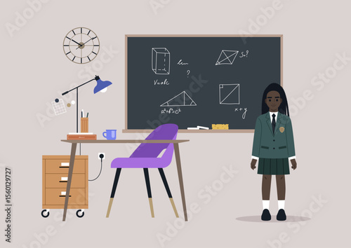 Inside a vibrant classroom, a schoolgirl in uniform stands confidently beside a desk filled with study materials, focusing on math concepts illustrated on the chalkboard