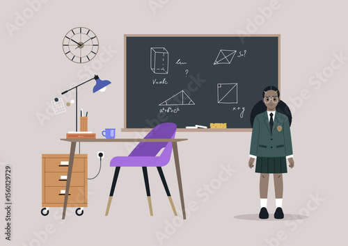 Inside a vibrant classroom, a schoolgirl in uniform stands confidently beside a desk filled with study materials, focusing on math concepts illustrated on the chalkboard