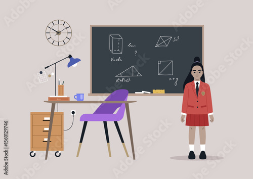 Inside a vibrant classroom, a schoolgirl in uniform stands confidently beside a desk filled with study materials, focusing on math concepts illustrated on the chalkboard