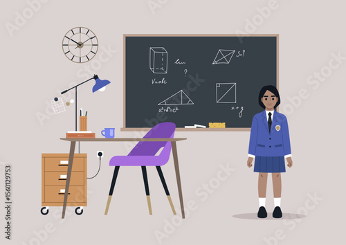 Inside a vibrant classroom, a schoolgirl in uniform stands confidently beside a desk filled with study materials, focusing on math concepts illustrated on the chalkboard