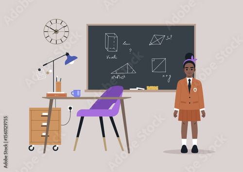 Inside a vibrant classroom, a schoolgirl in uniform stands confidently beside a desk filled with study materials, focusing on math concepts illustrated on the chalkboard