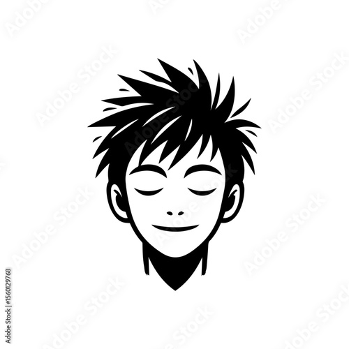 Serene young man's face, eyes closed, peaceful expression, simple black and white illustration.