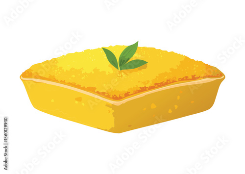 Sweet Golden Yellow Cake with Green Garnish - Vector Illustration