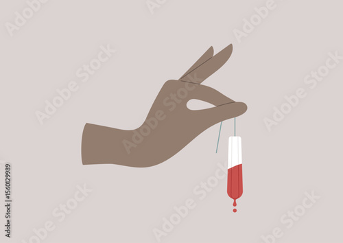 The concept illustrates a hand holding a tampon with visible leakage, highlighting the common yet often stigmatized issue faced during menstruation