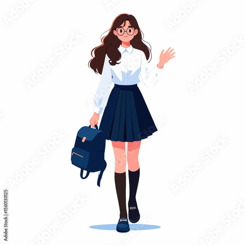 Illustration of a schoolgirl in uniform with a backpack waving her hand on white background 