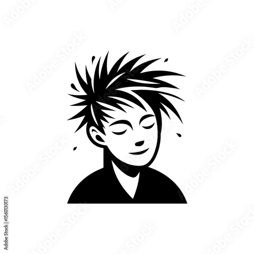 A stylized black and white illustration of a relaxed person with closed eyes and spiky hair.