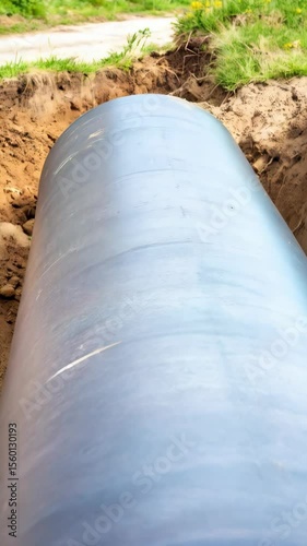 Wallpaper Mural Large corrugated polyethylene pipe installed in trench for drainage on construction site with grass near excavation Torontodigital.ca