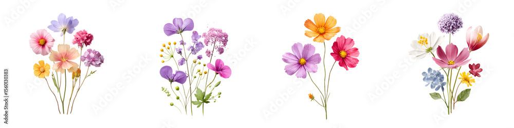 Naklejka premium Watercolor Flower Bouquets, Wildflower Arrangements on White