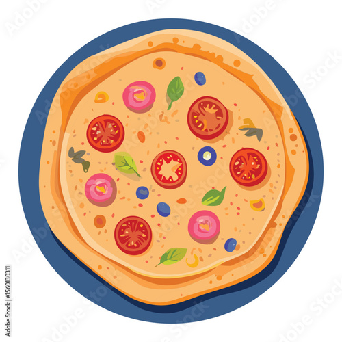Savory Round Pizza with Olives and Red Peppers - Vector Illustration