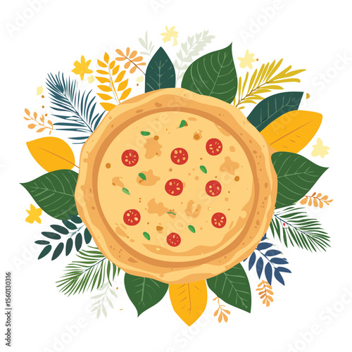 Wholesome Round Bread with Floral Herb Garnish - Vector Illustration