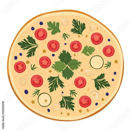 Rustic Flatbread with Fresh Tomatoes and Olives - Vector Illustration