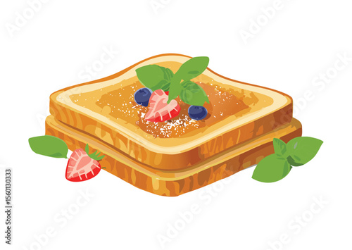 Delicious French Toast with Strawberries and Mint - Vector Illustration