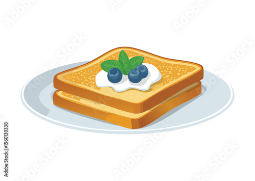 French Toast with Blueberries and Cream Topping - Vector Illustration