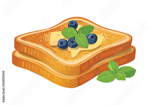 Delicious French Toast with Blueberries and Butter - Vector Illustration
