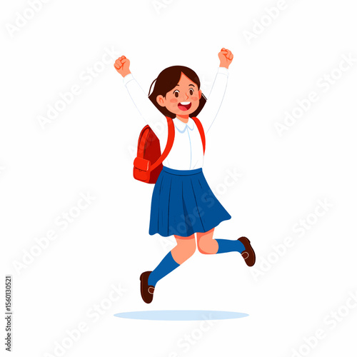 A happy schoolgirl jumping with a backpack and wearing a blue skirt joyfully on white background 