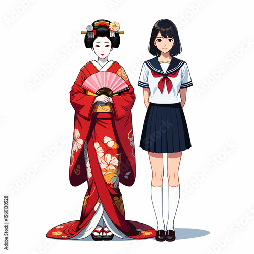 Two women standing side by side one in kimono and the other in uniform on white background 