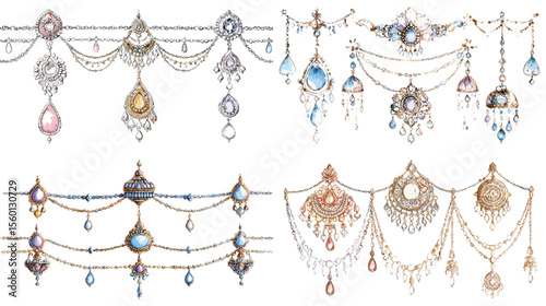 Elegant watercolor illustration of ethnic and royal-inspired hanging jewelry, featuring ornate chains, gemstones, pearls, and filigree designs in gold and silver.

