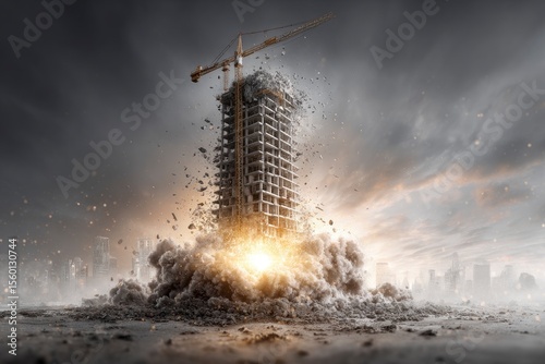 A building with a crane atop it crumbling with dust and debris rising around it