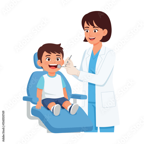 Smiling child patient undergoing dental examination by a friendly dentist.
