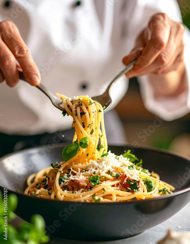 Chef serving a delicious plate of fresh Italian spaghetti pasta with parmesan cheese.