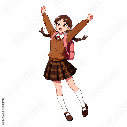 Anime style schoolgirl with braids and backpack jumping with excitement on white background 
