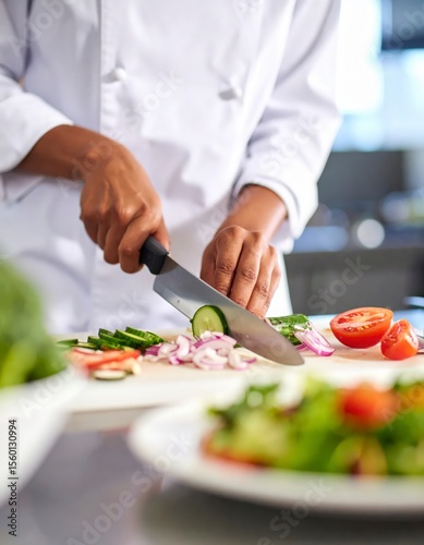 Chef chopping fresh vegetables for a healthy salad on a cutting board.