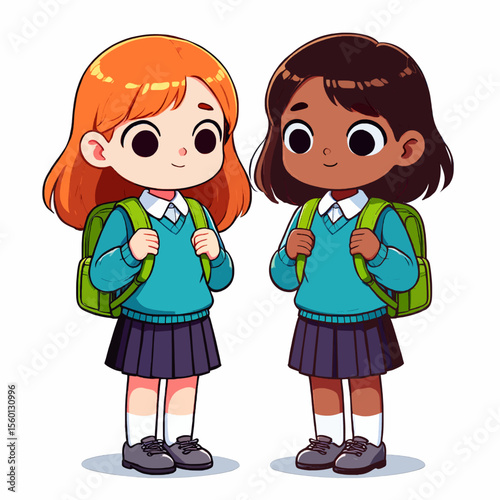 Two cartoon schoolgirls with backpacks standing side by side smiling cute on white background 