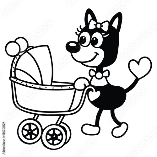 Cartoon dog pushing a baby stroller with a heart shaped tail carriage