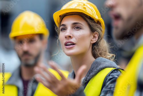 Woman construction supervisor giving safety briefing to a team of workers, professional communication moment.