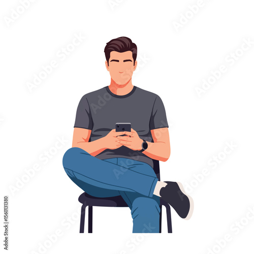 Young man sits casually in a chair, legs crossed, using his smartphone.