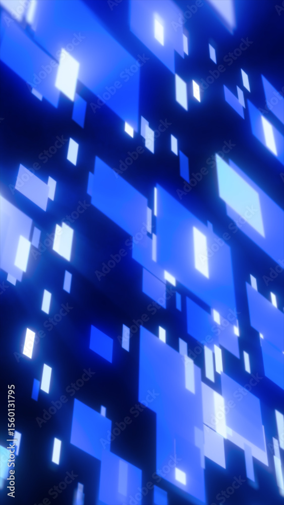 Fototapeta premium Digital blue squares and rectangles floating in space with glowing light effects and depth