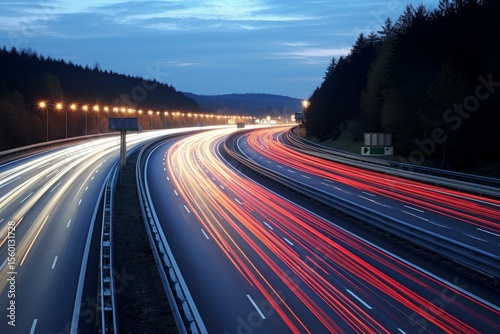 Long exposure of cars driving on highway at dusk, creating light trails, with forest and street lights visible