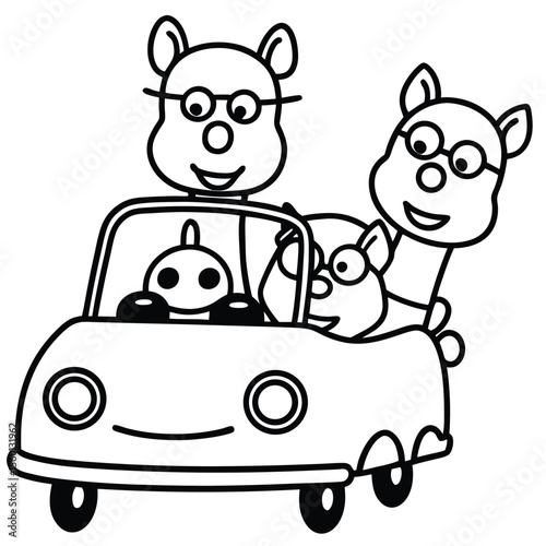 Cartoon animals driving a car together family