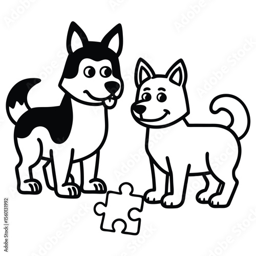 Two cartoon dogs and a jigsaw puzzle piece puppy husky